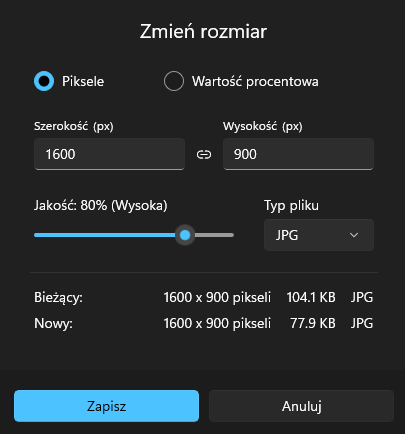 Okno zmiany rozmiaru zdjęcia w aplikacji Zdjęcia Windows 11, pozwalające na wybór predefiniowanych rozmiarów lub wprowadzenie własnych wymiarów w pikselach.