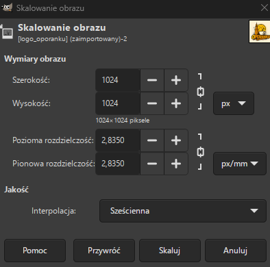 Szczegółowy widok opcji zmiany rozdzielczości (X i Y resolution) w oknie skalowania obrazu GIMP, umożliwiający ustawienie DPI.